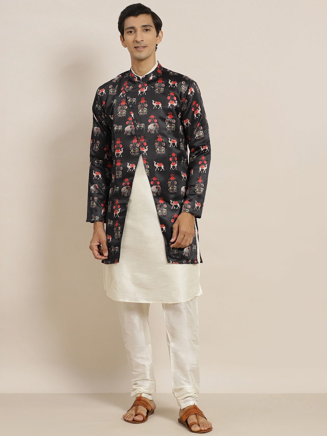 

SOJANYA Men Off White Solid Kurta with Churidar & Printed Jacket