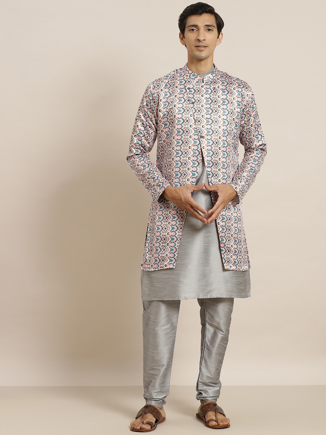 

SOJANYA Men Grey & White Solid Kurta with Churidar & Ethnic Printed Jacket
