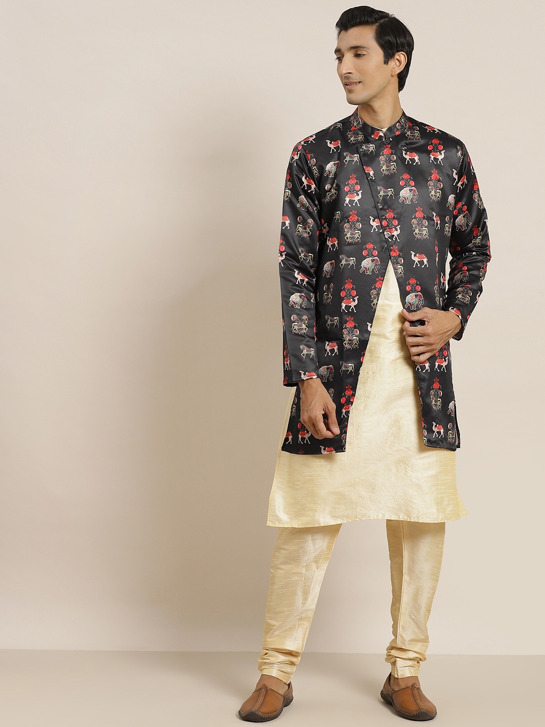 

SOJANYA Men Golden & Black Solid Kurta with Churidar & Ethnic Printed Jacket, Gold