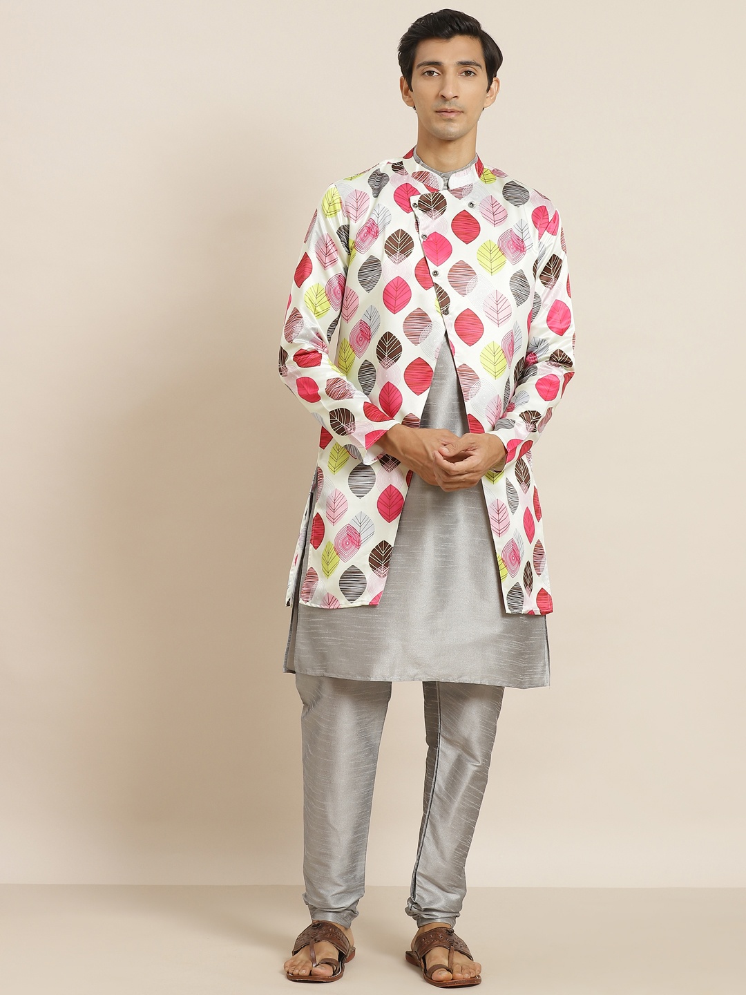 

SOJANYA Men Grey & White Solid Kurta with Churidar & Floral Printed Jacket