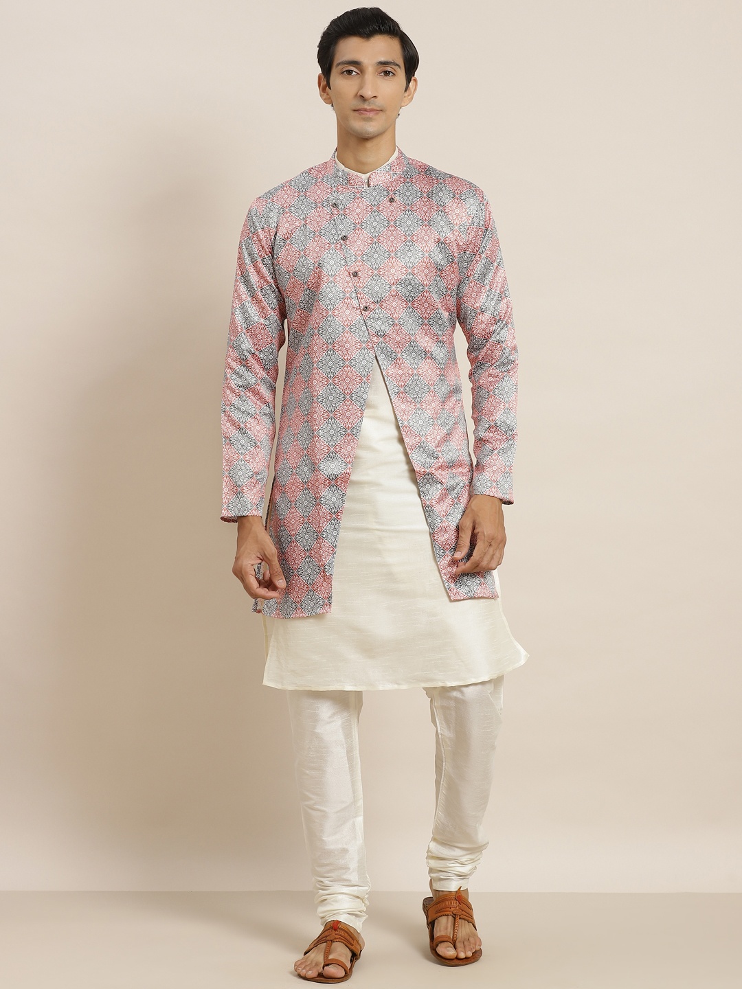 

SOJANYA Men Off White Solid Kurta with Churidar & Printed Jacket