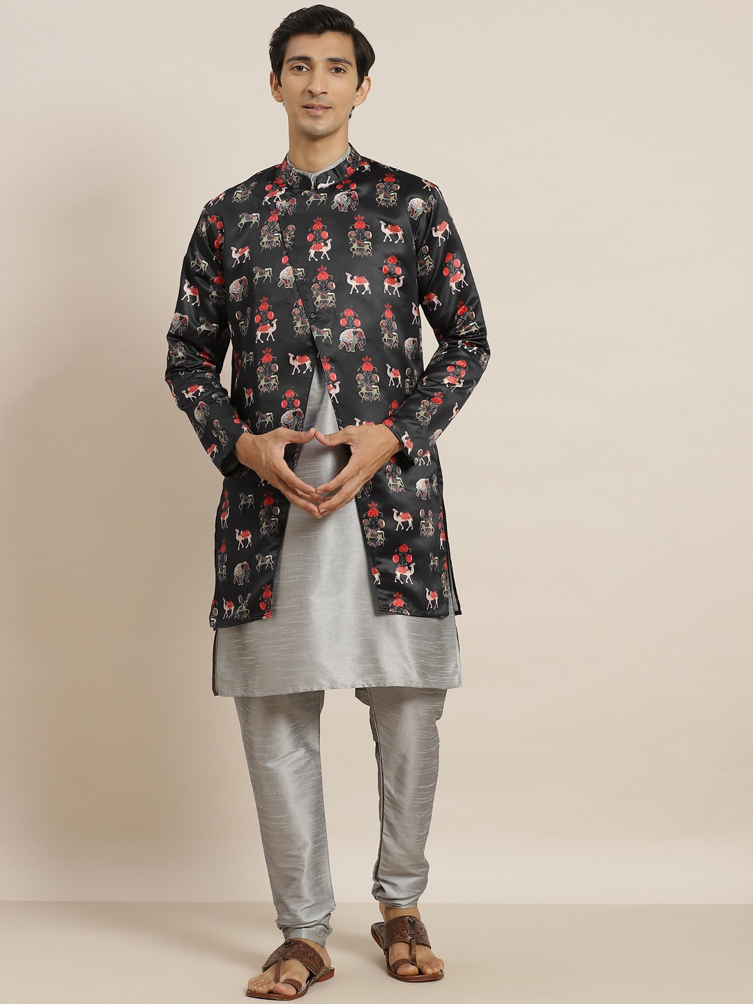 

SOJANYA Men Grey Kurta with Churidar & Jacket