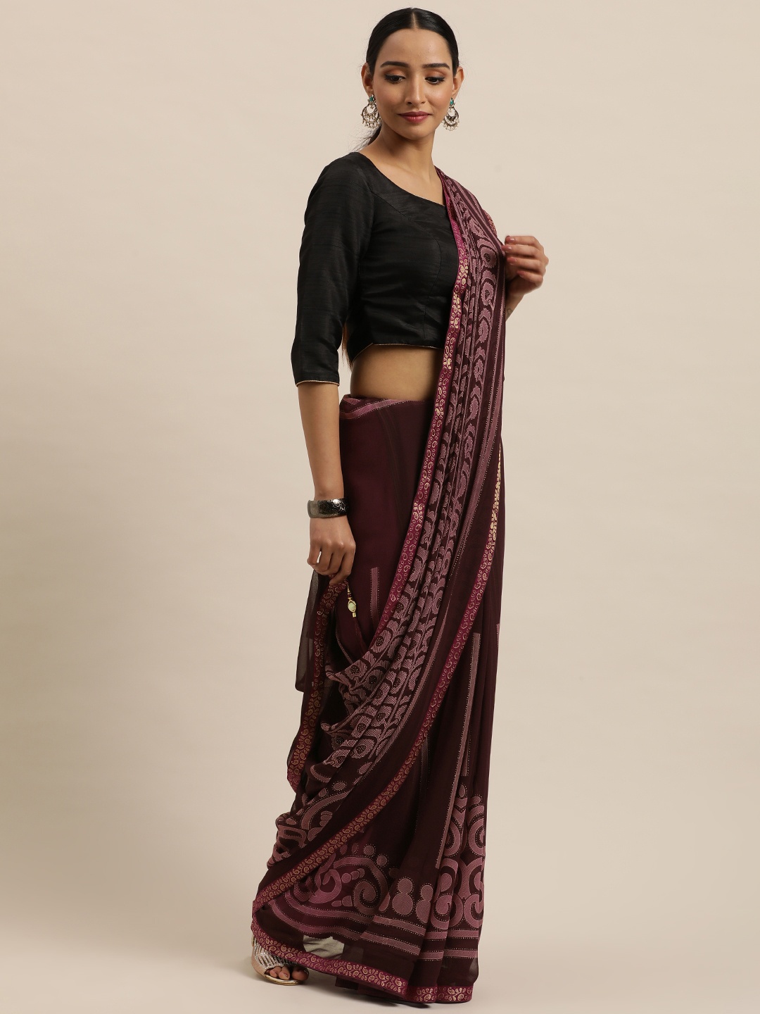 

Triveni Burgundy Ethnic Motifs Beads and Stones Pure Georgette Saree