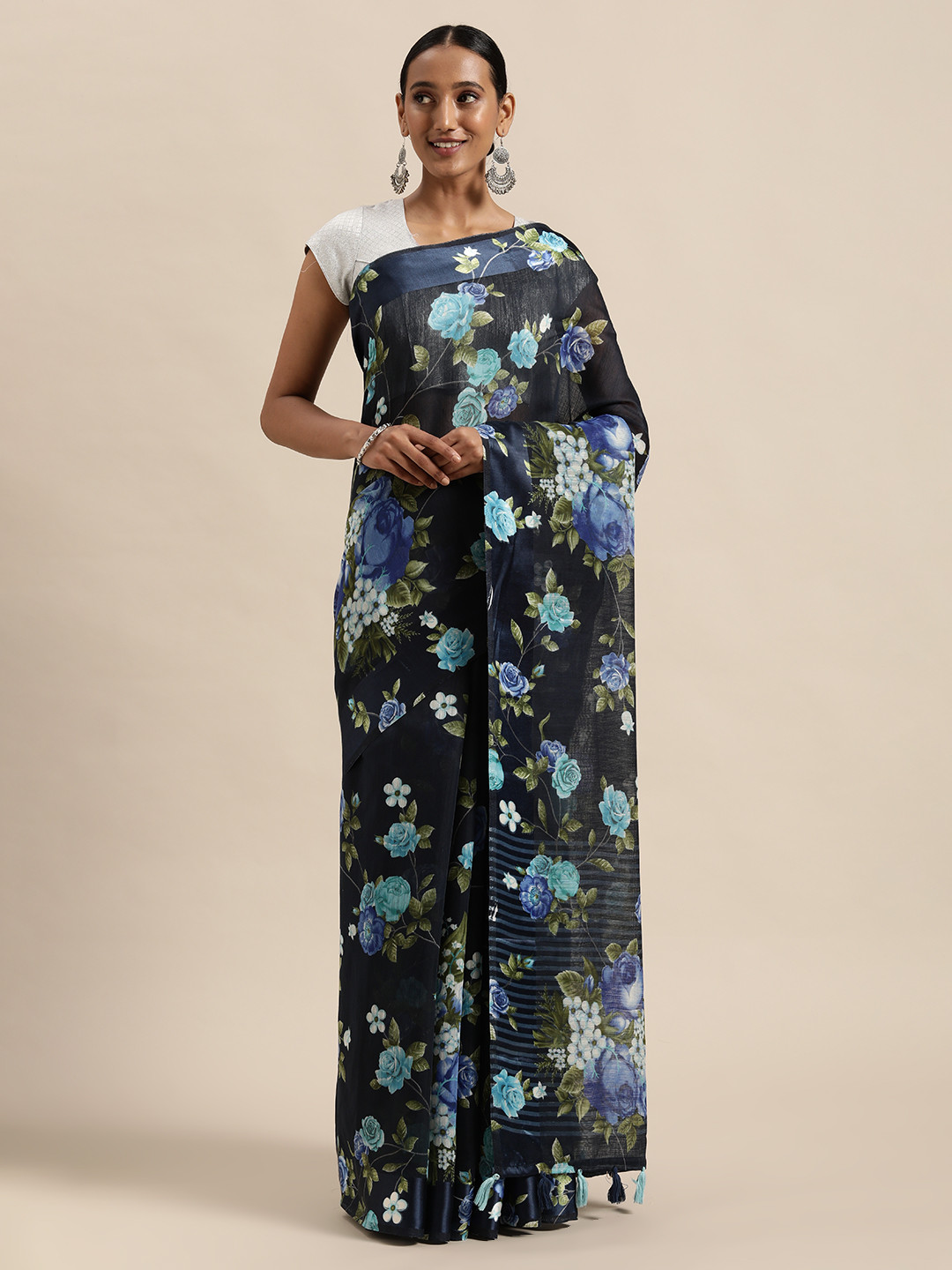 

Triveni Navy Blue Floral Print Pure Cotton Saree