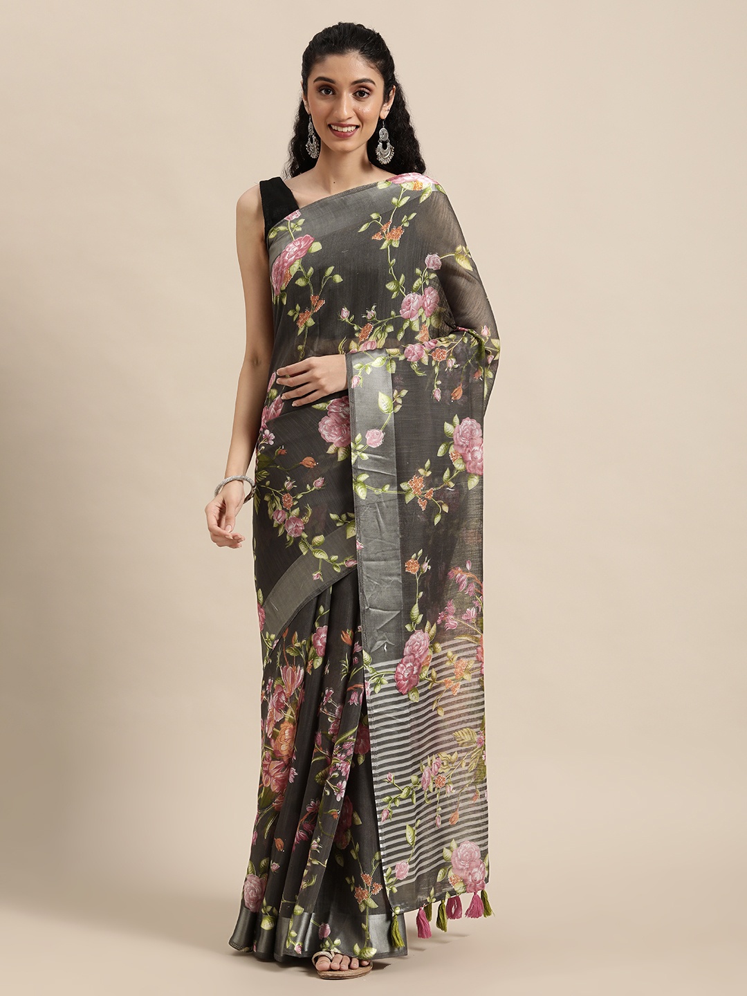 

Triveni Grey & Pink Floral Printed Pure Cotton Saree