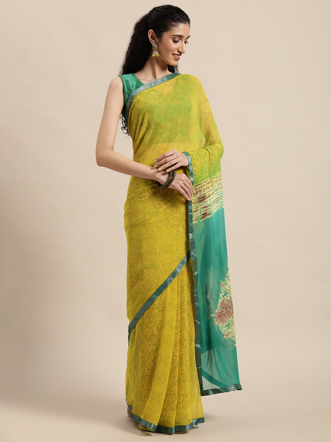 

Triveni Yellow & Green Embellished Beads and Stones Pure Georgette Saree