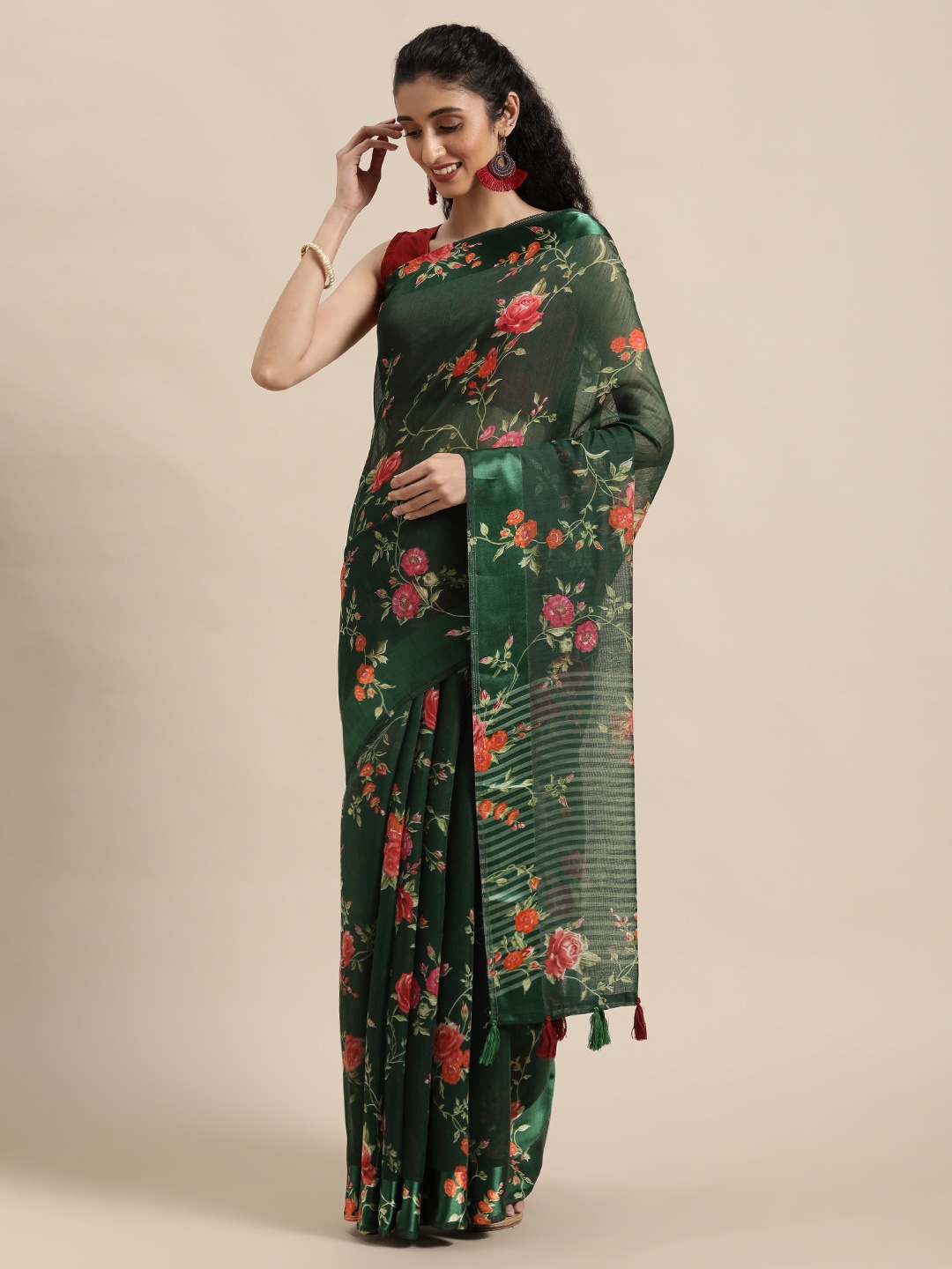 

Triveni Green & Red Floral Pure Cotton Saree