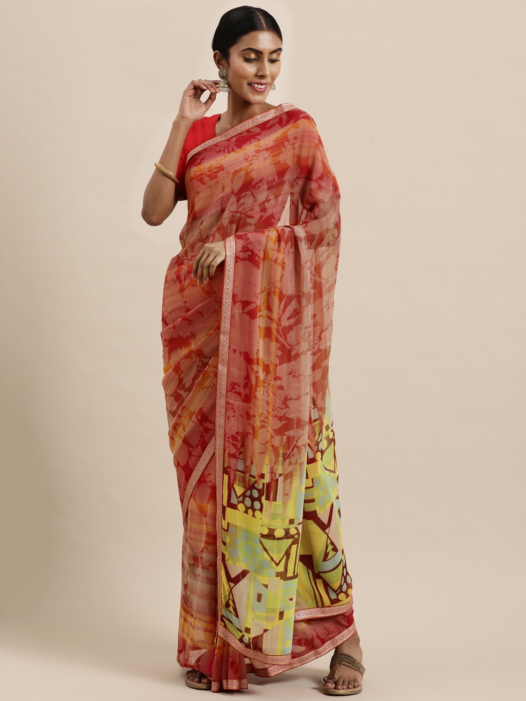 

Triveni Red Embellished Pure Georgette Saree