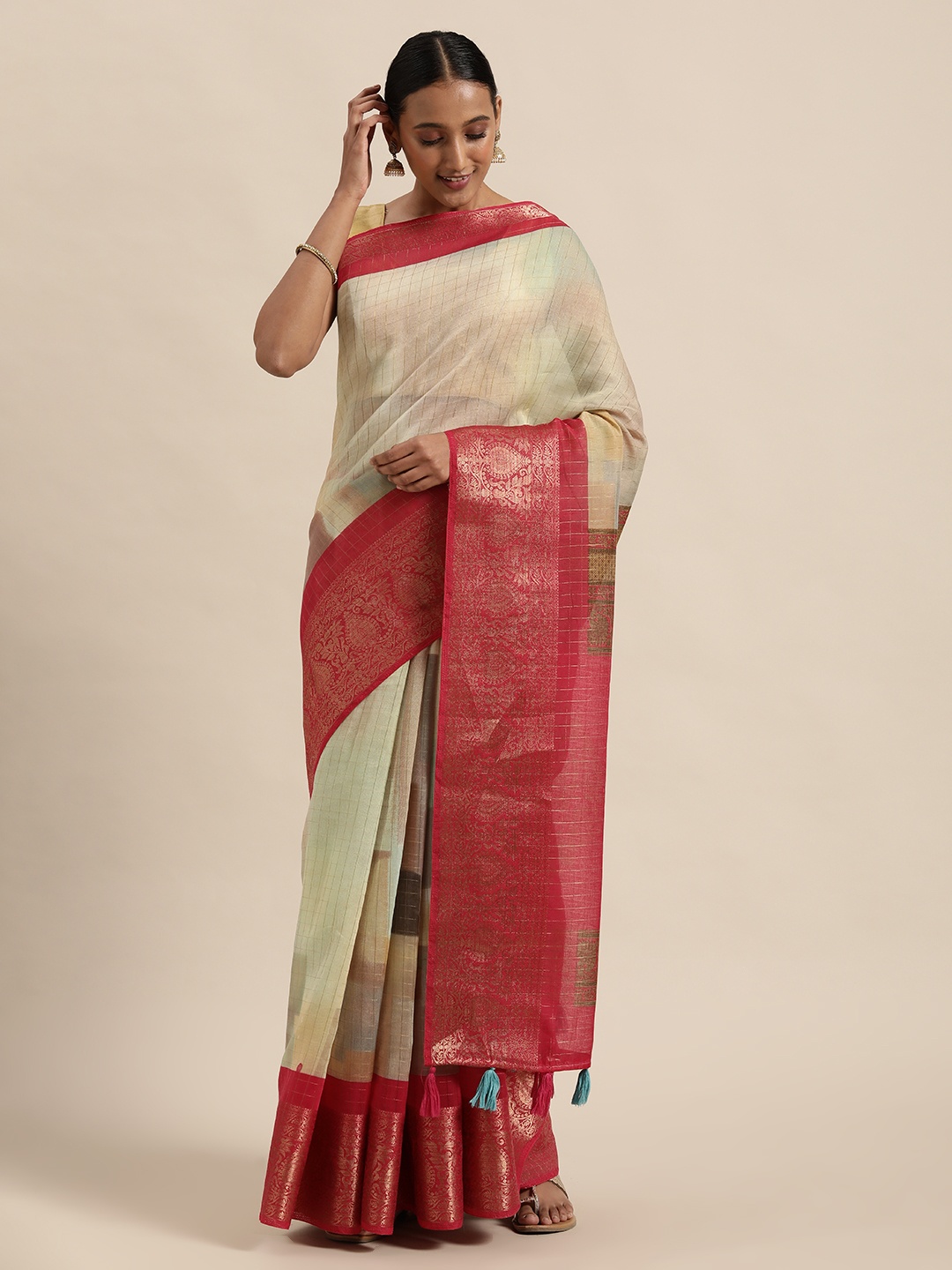 

Triveni Off White & Pink Checked Silk Cotton Saree