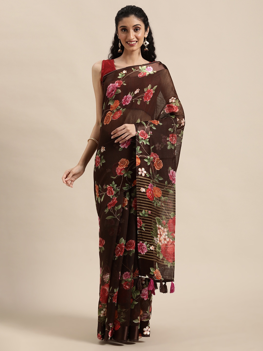 

Triveni Brown & Red Floral Printed Pure Cotton Saree
