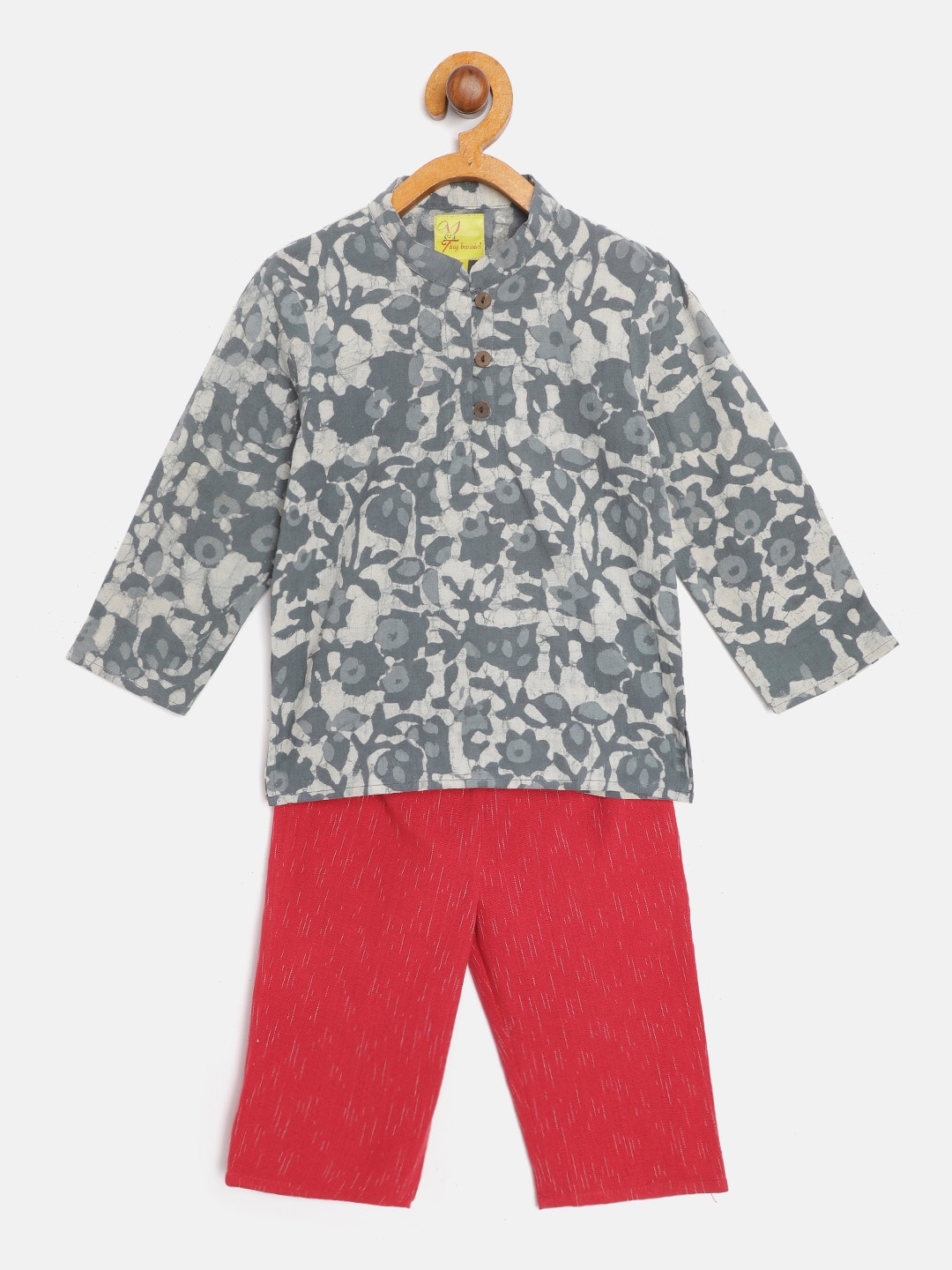 

Tiny Bunnies Kids Grey & Maroon Printed Pure Cotton Short Kurta with Trousers