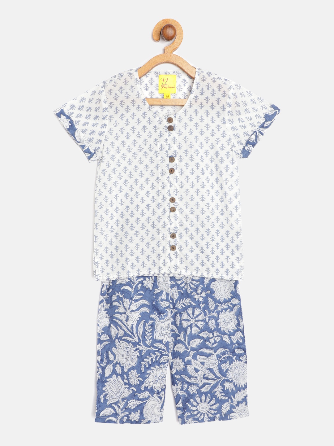 

Tiny Bunnies Kids White & Blue Printed Short Kurta with Trousers