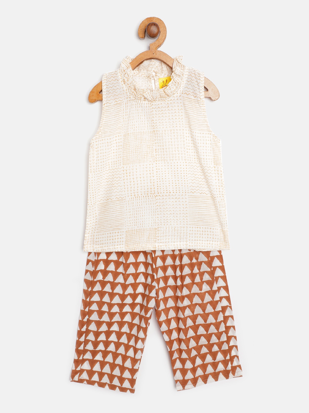 

Tiny Bunnies Girls White & Brown Ditsy Printed Pure Cotton Top with Trousers