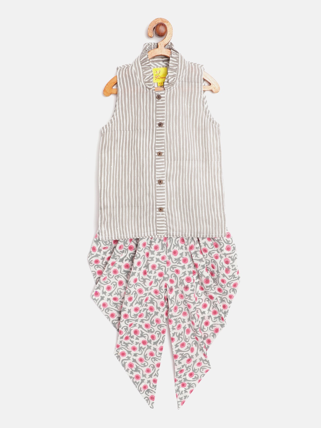 

Tiny Bunnies Girls Grey & White Striped Pure Cotton Shirt with Dhoti Pants