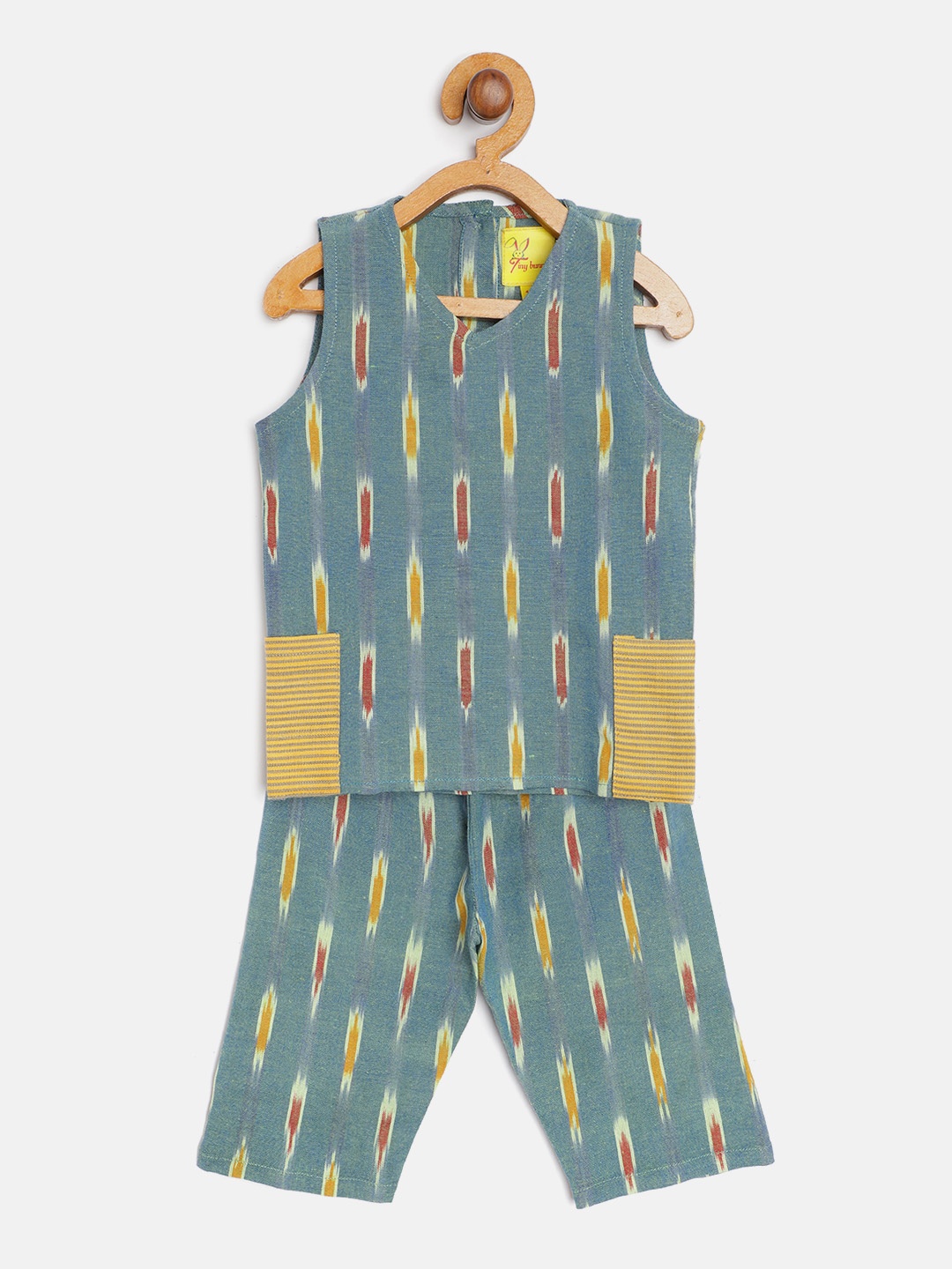 

Tiny Bunnies Kids Green & Mustard Yellow Ikat Pattern Cotton Short Kurta with Trousers