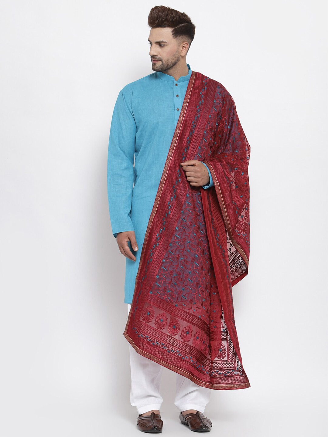

MAXENCE Unisex Red & Blue Embroidered Net Stole