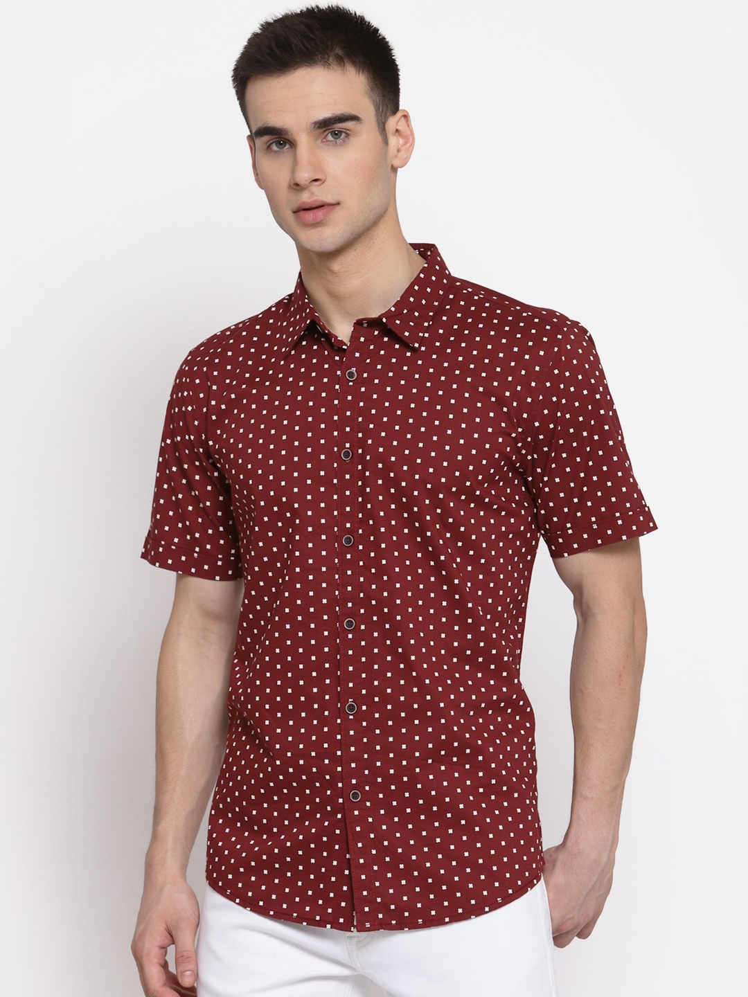 

Pepe Jeans Men Burgundy & White Micro Ditsy Printed Cotton Casual Shirt