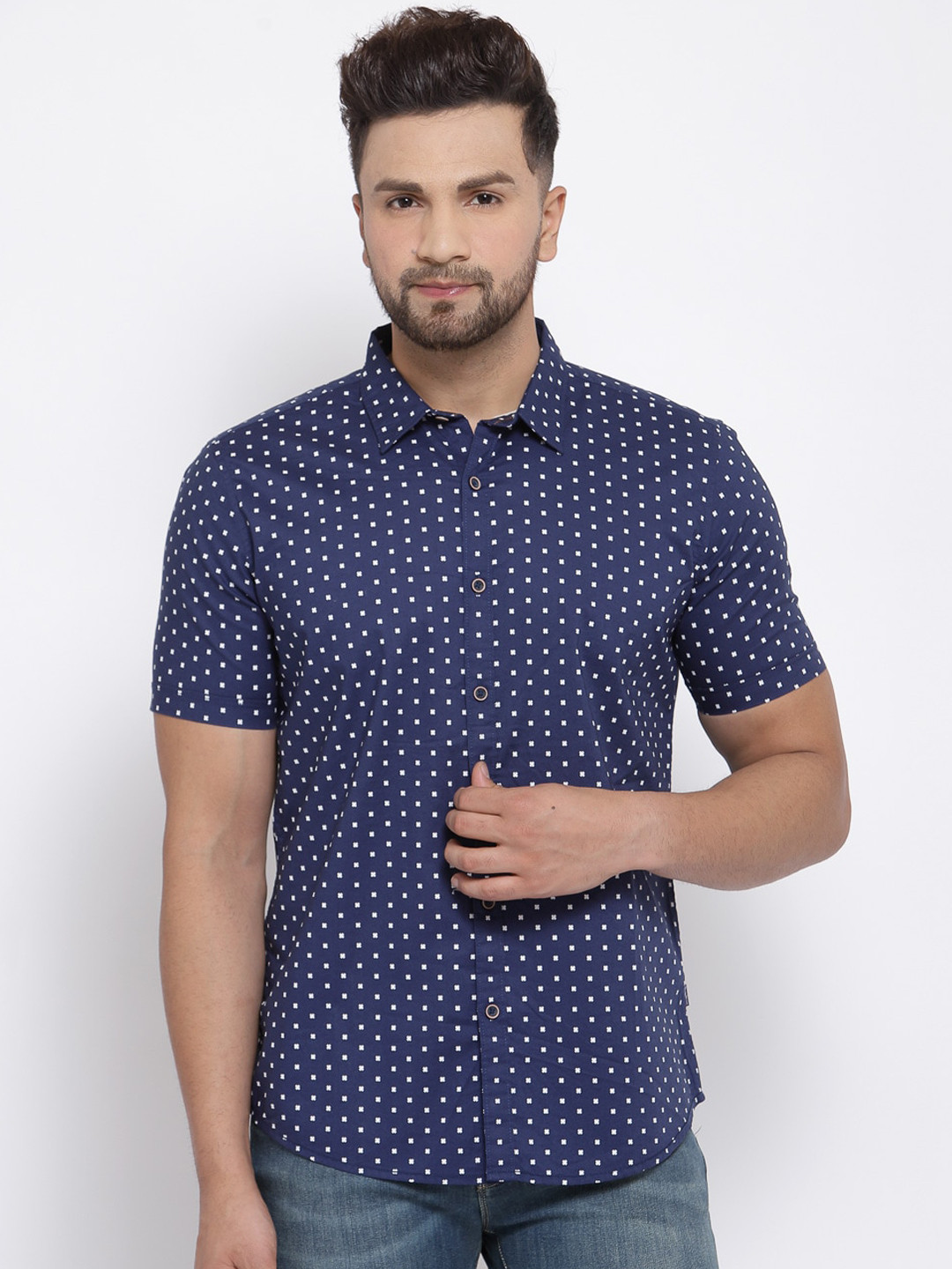 

Pepe Jeans Men Navy Blue & White Micro Ditsy Printed Cotton Casual Shirt