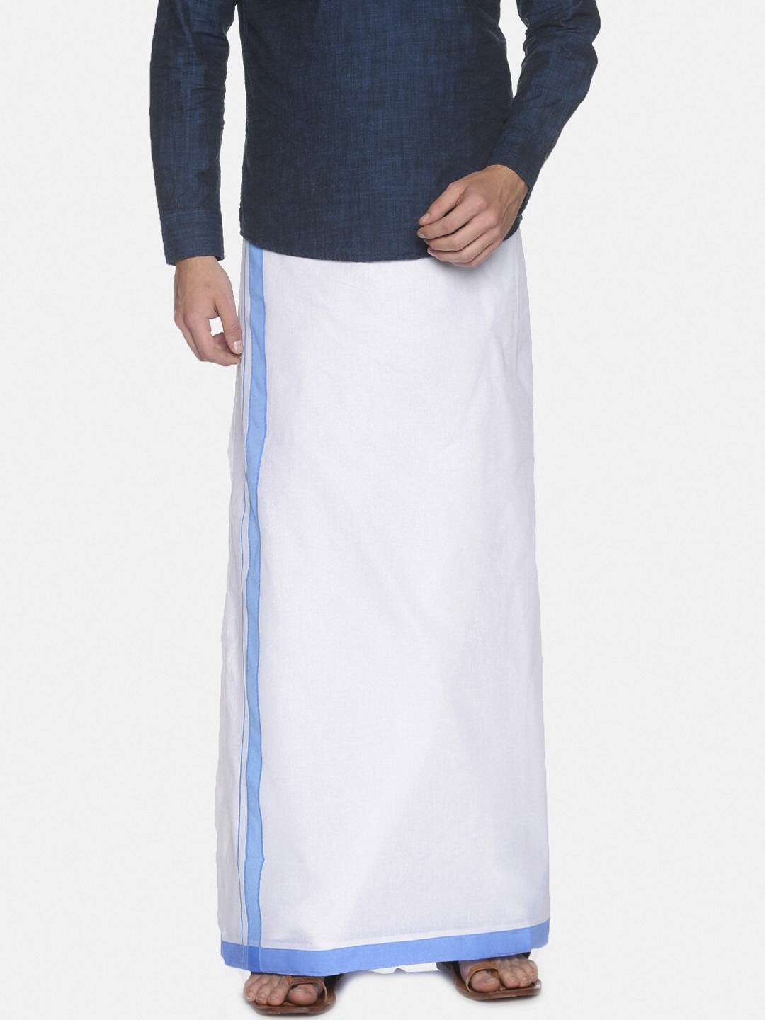

Chennis Men White Solid Pure Cotton Dhoti With Blue Border