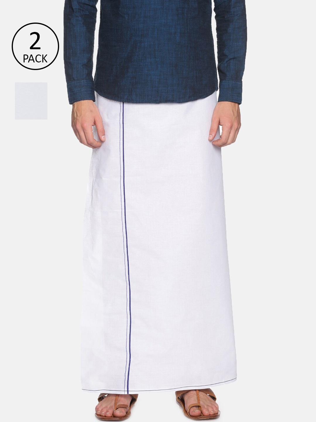 

Chennis Men Pack of 2 White & Blue Solid Pure Cotton Dhoti