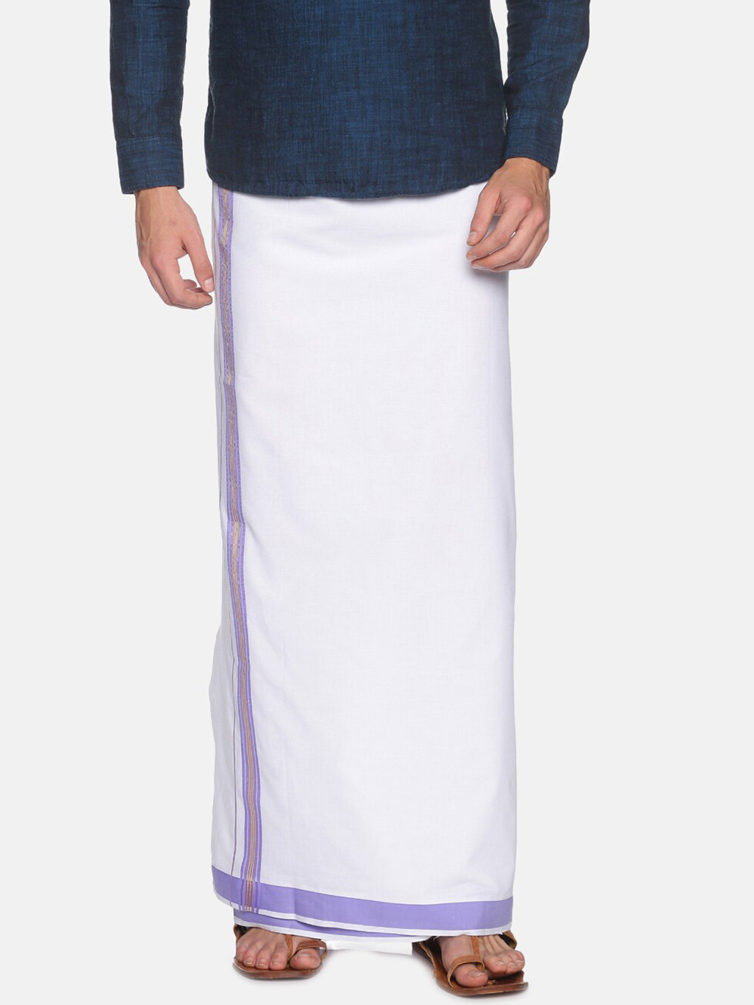 

Chennis Men Cream-Coloured & Purple Ethnic Cotton Dhoti With Border