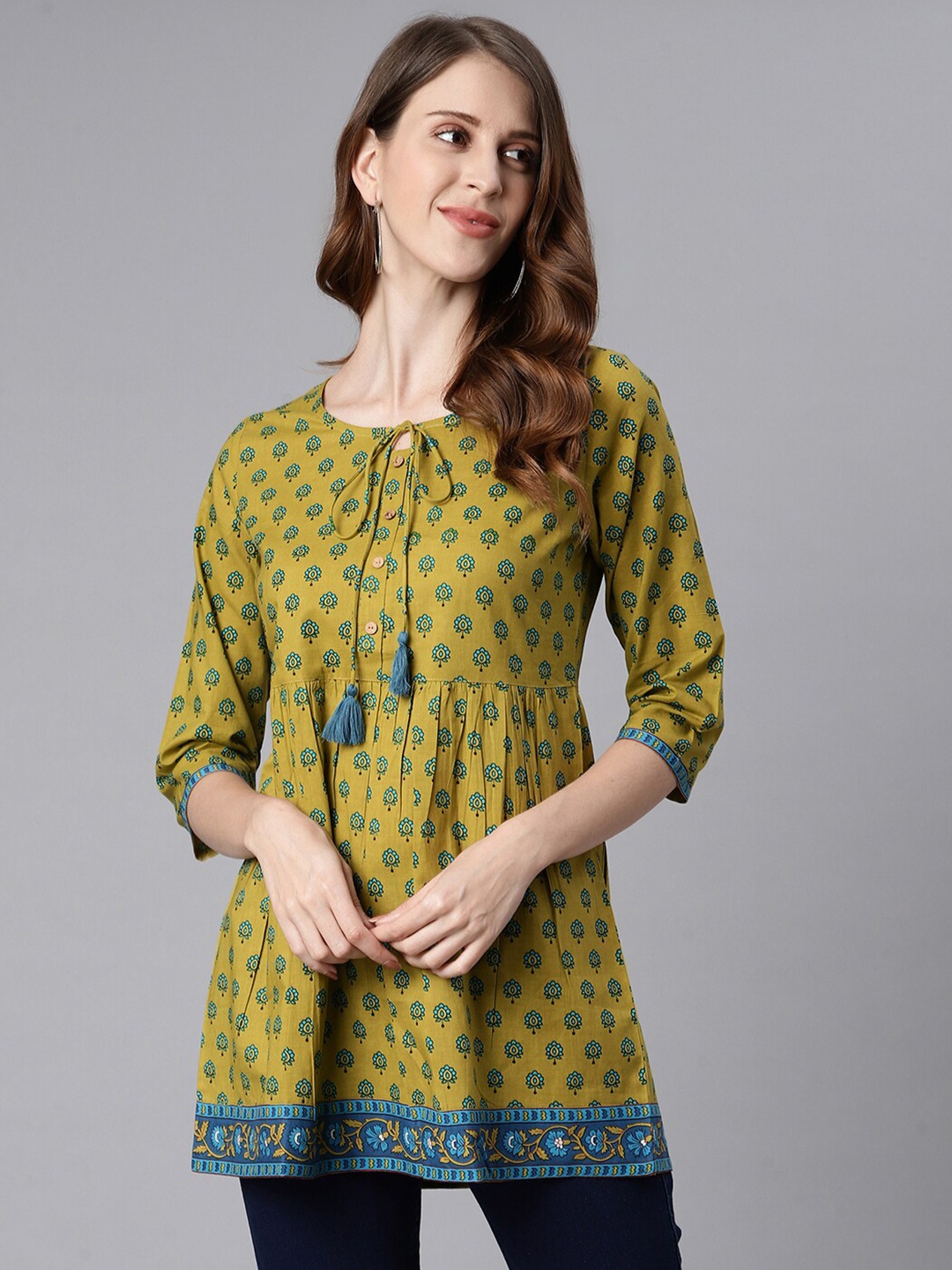 

Janasya Women Green & Blue Ethnic Print Printed Cotton Tunic
