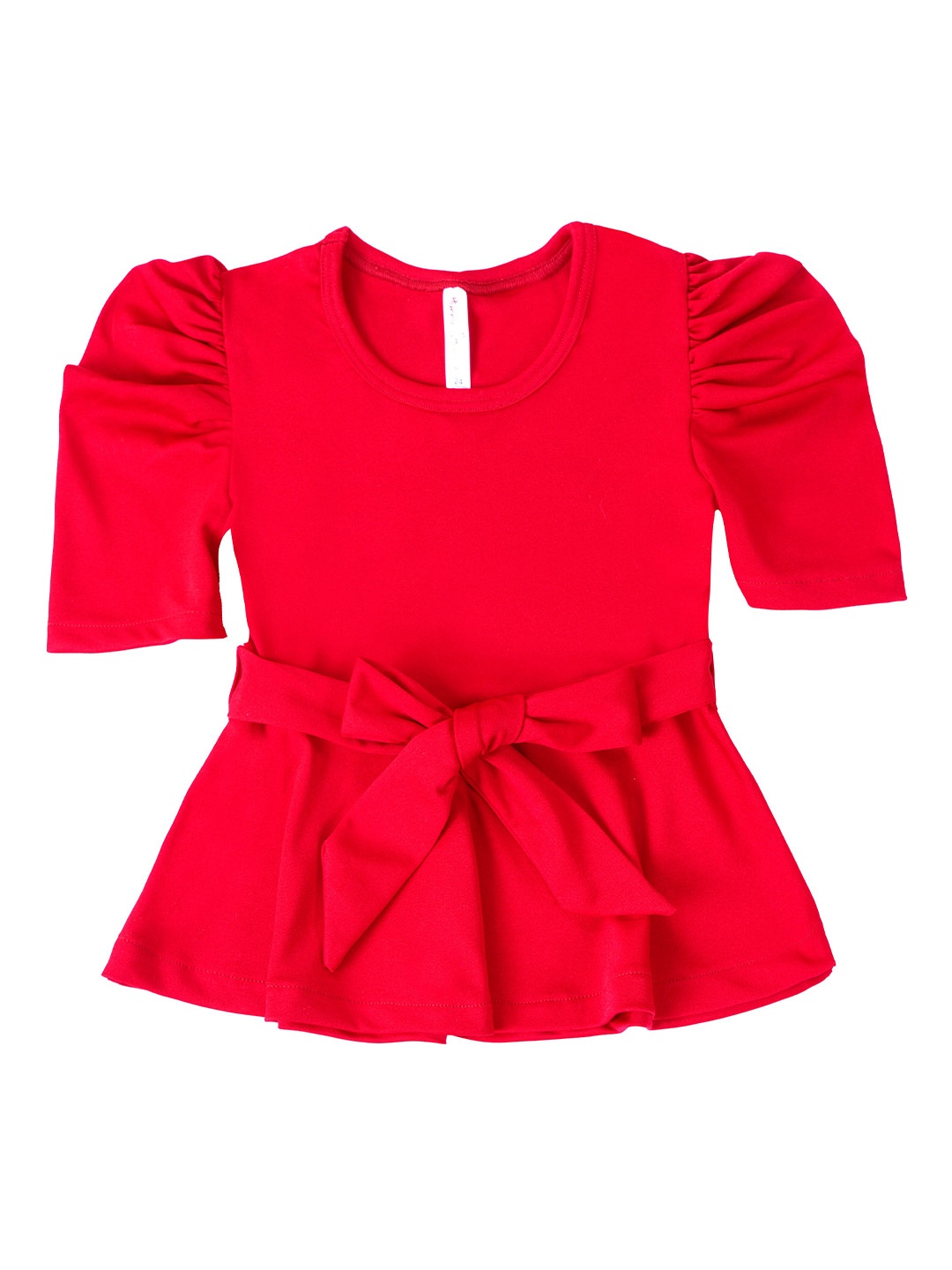 

Hunny Bunny Girls Red Puff Sleeve Waist Tie-Up Peplum Top