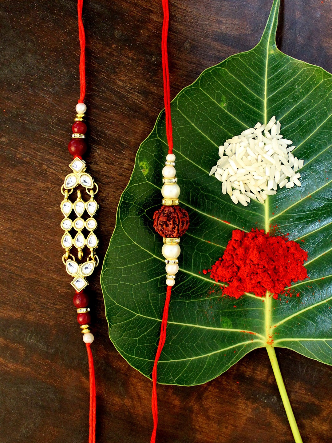 

KARATCART Set of 2 Gold-Plated & Red Kundan Rakhi