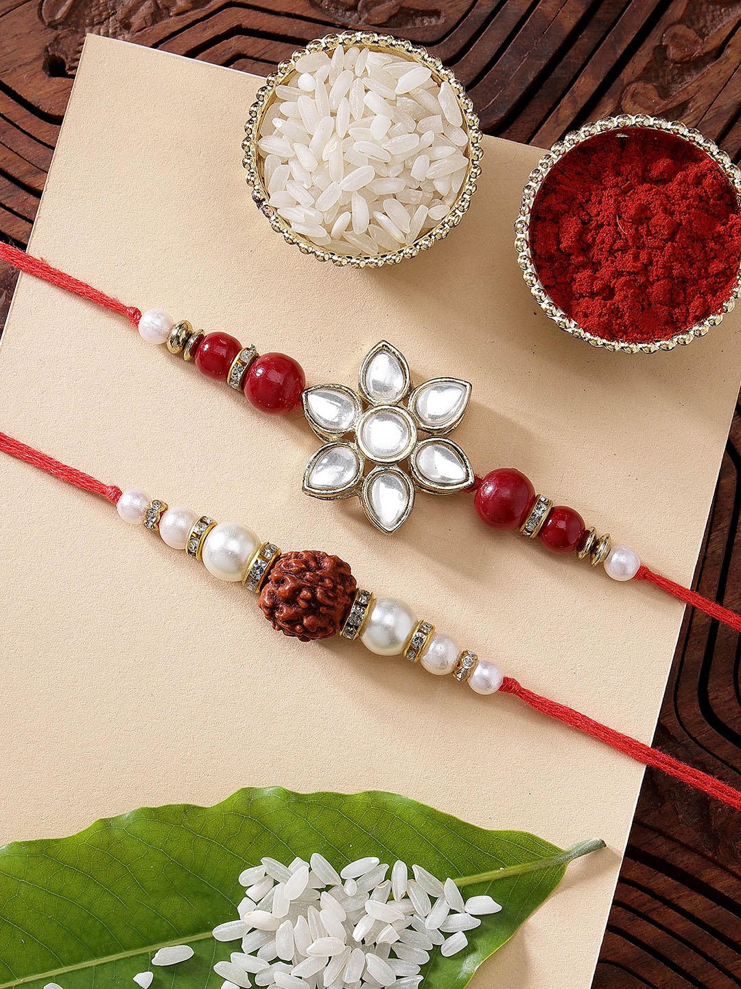 

KARATCART Set of 2 Gold-Plated & Red Kundan Rakhi