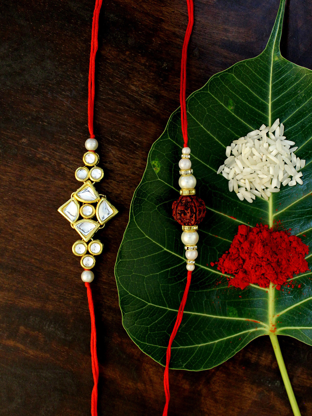 

KARATCART Set of 2 Gold-Plated & Red Kundan Rakhi