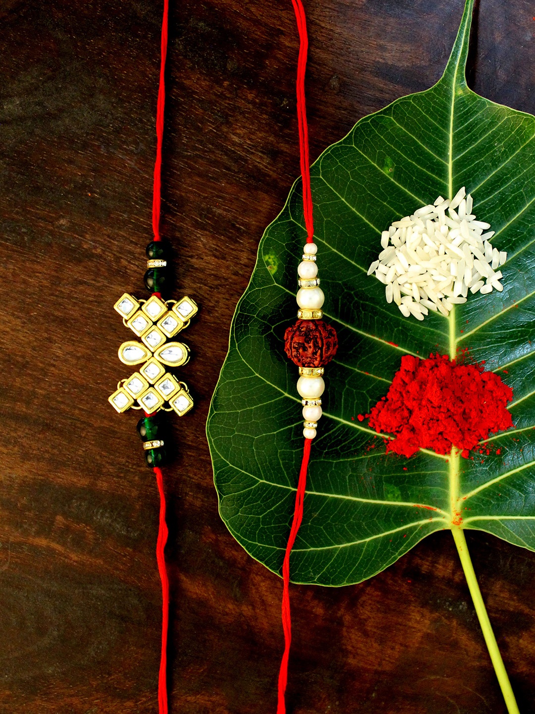 

KARATCART Set of 2 Gold-Plated & Red Kundan Rakhi