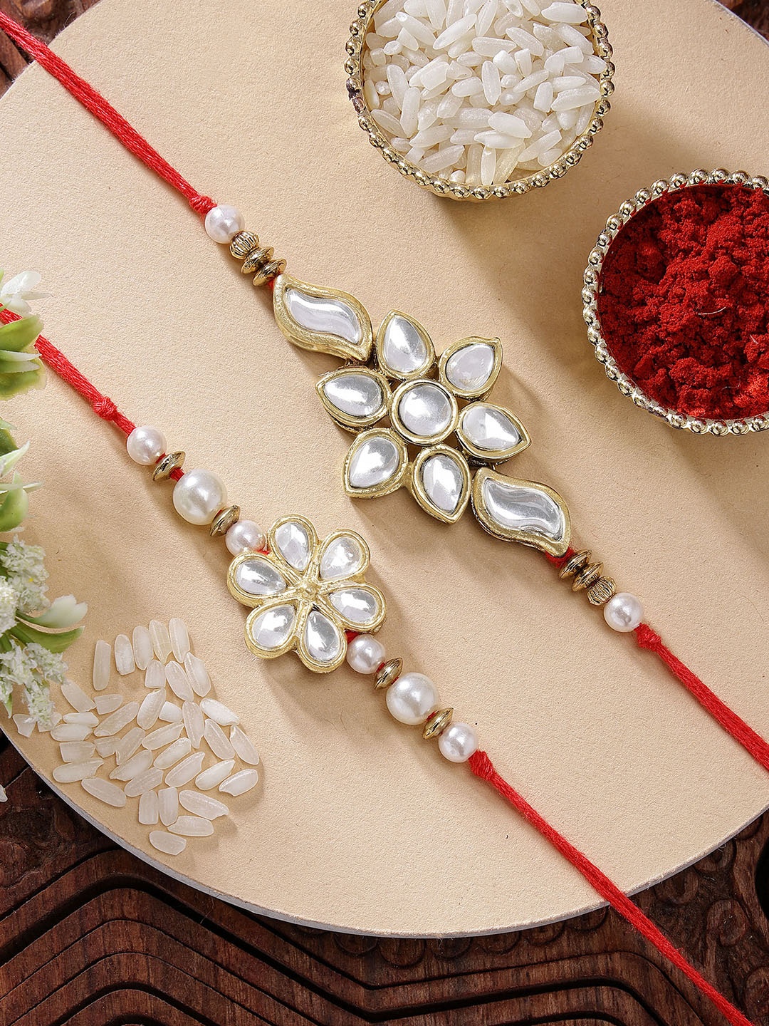 

KARATCART Set of 2 Gold-Plated & Red Kundan Rakhi