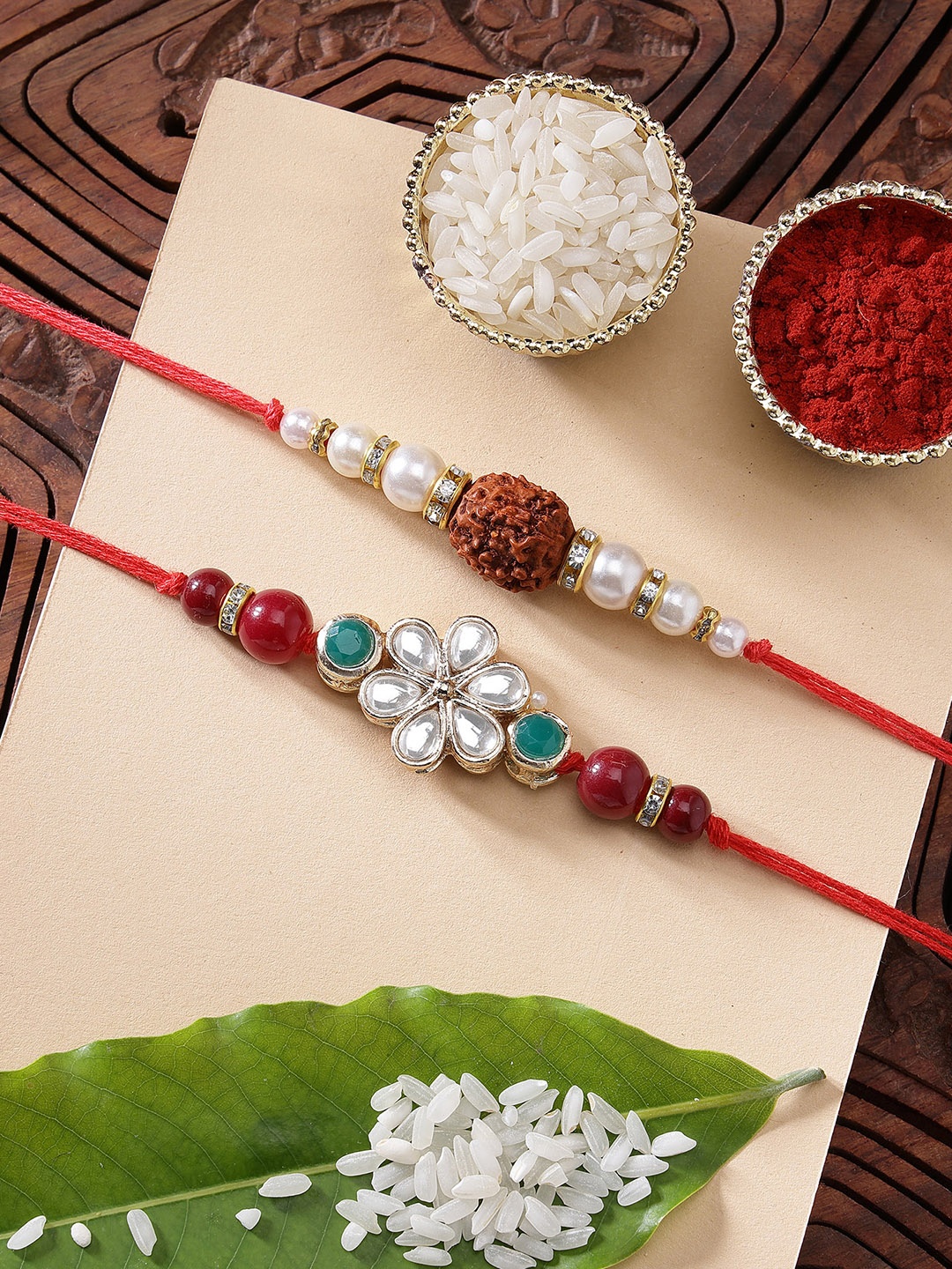 

KARATCART Set of 2 Gold-Plated & Red Kundan Rakhi