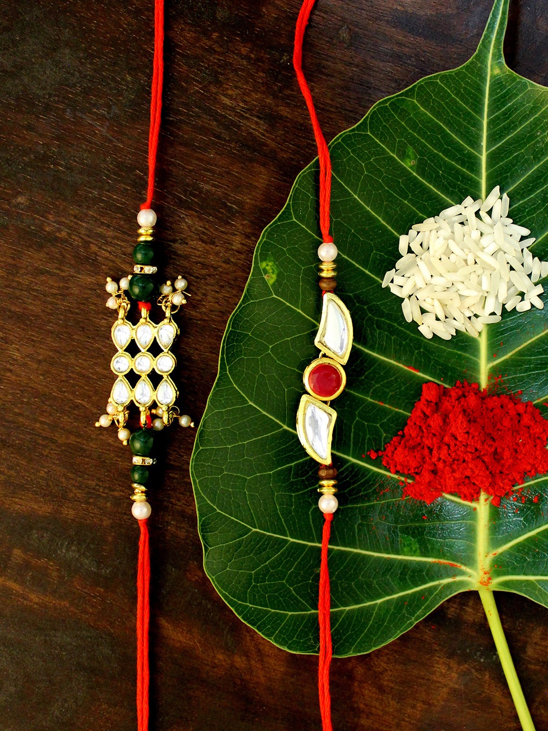 

KARATCART Set of 2 Gold-Plated & Red Kundan Rakhi