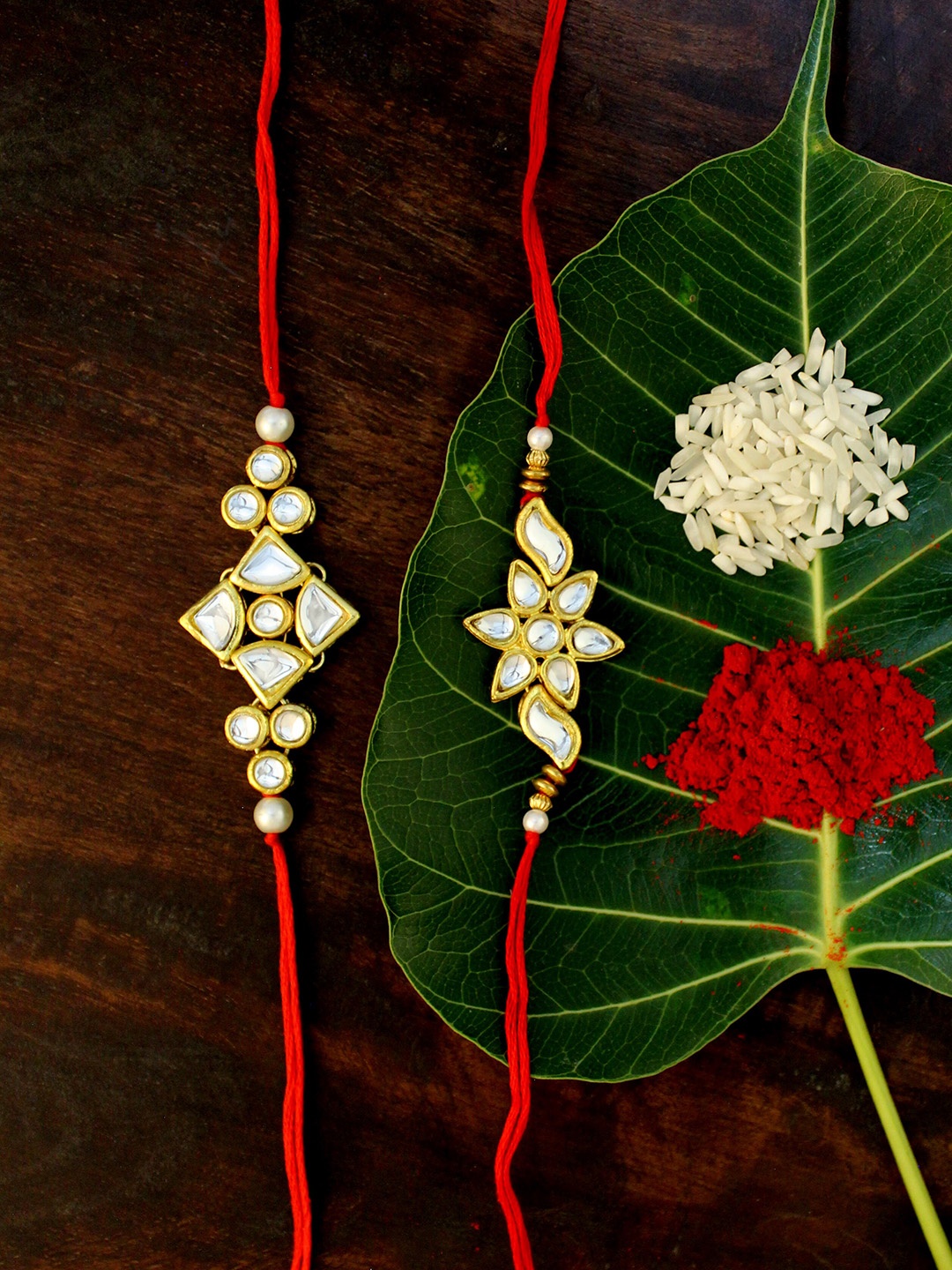 

KARATCART Set of 2 Gold-Plated & Red Kundan Rakhi