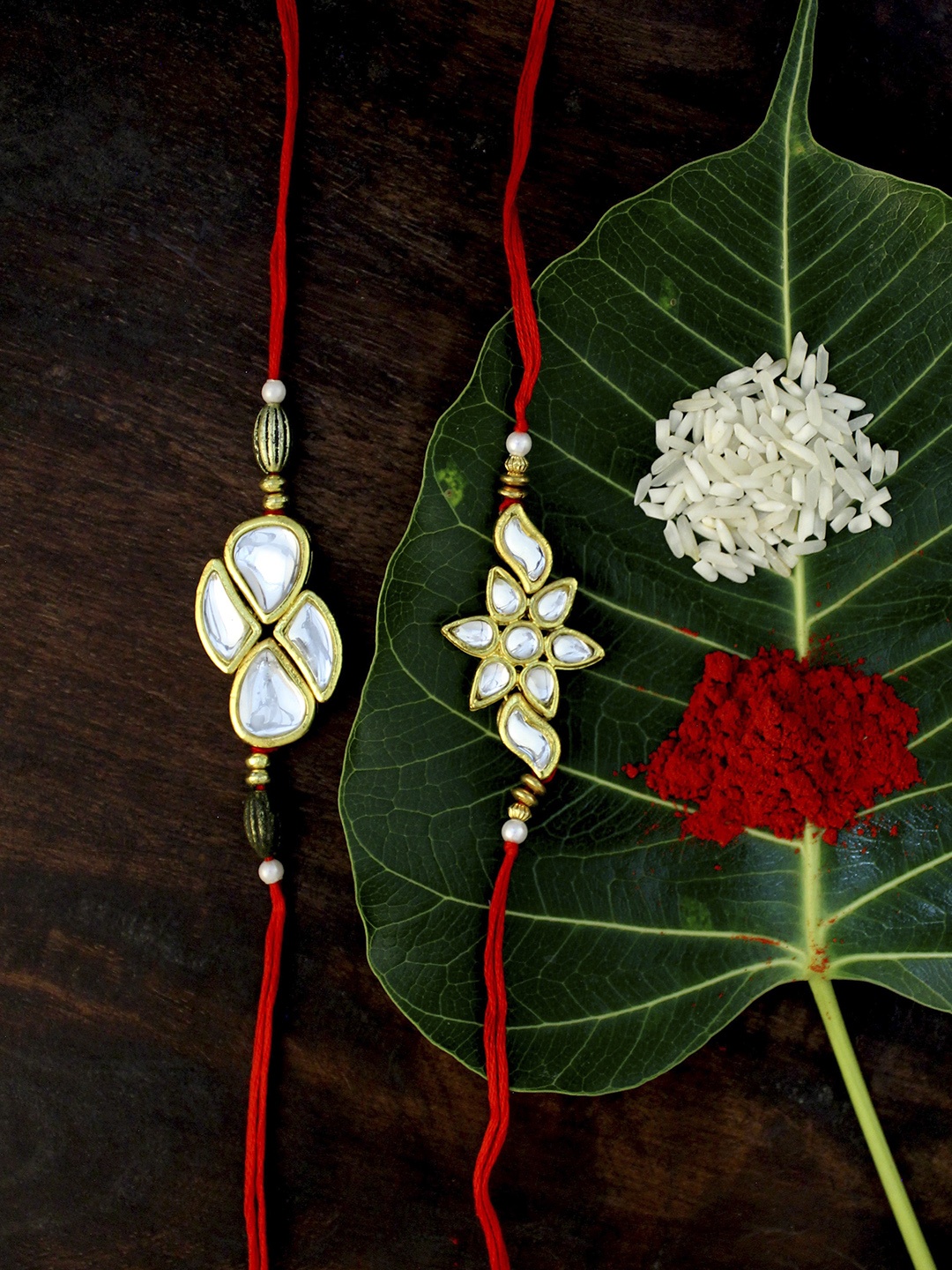 

KARATCART Set of 2 Gold-Plated & Red Kundan Rakhi