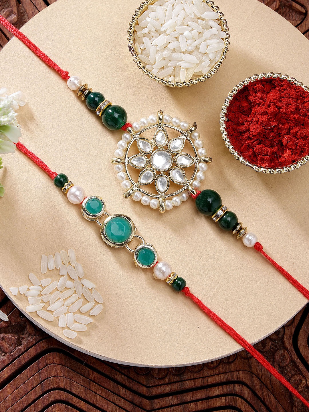 

KARATCART Set of 2 Gold-Plated & Red Kundan Rakhi
