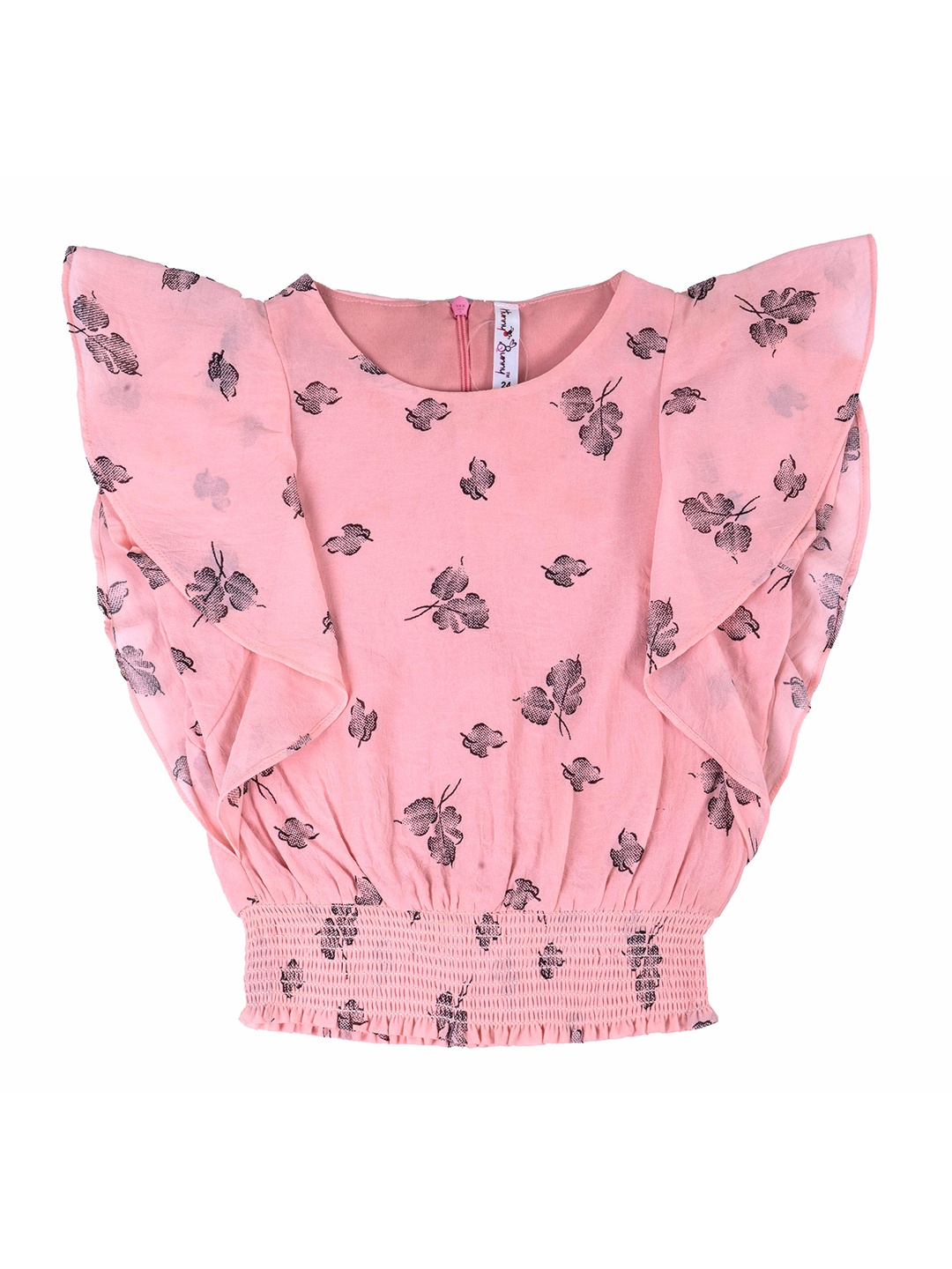

Hunny Bunny Girls Peach-Coloured & Black Printed Flutter Sleeve Smocked Top