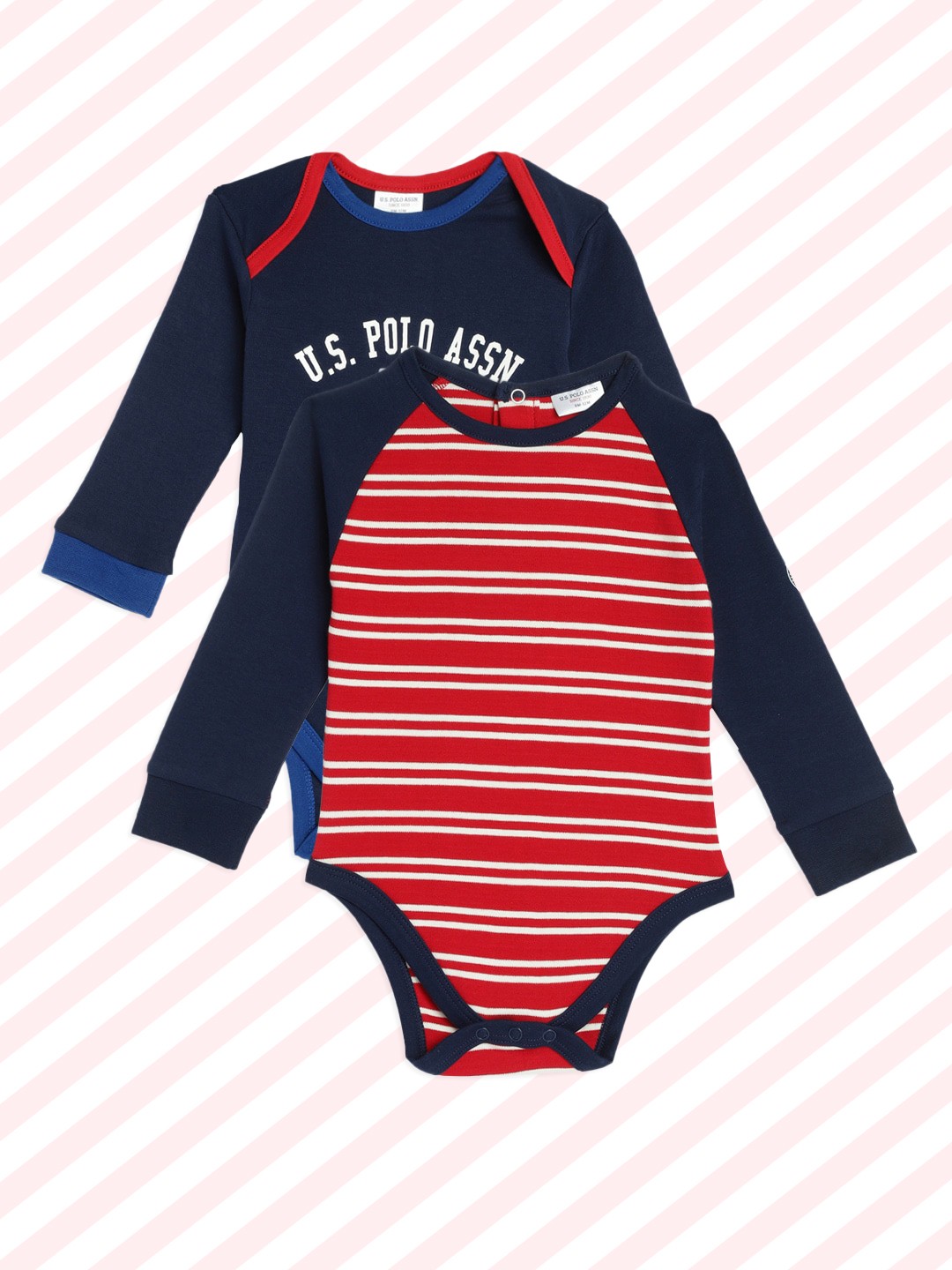 

U.S. Polo Assn. Kids Infant Boys Pack Of 2 Printed Pure Cotton Bodysuits, Navy blue