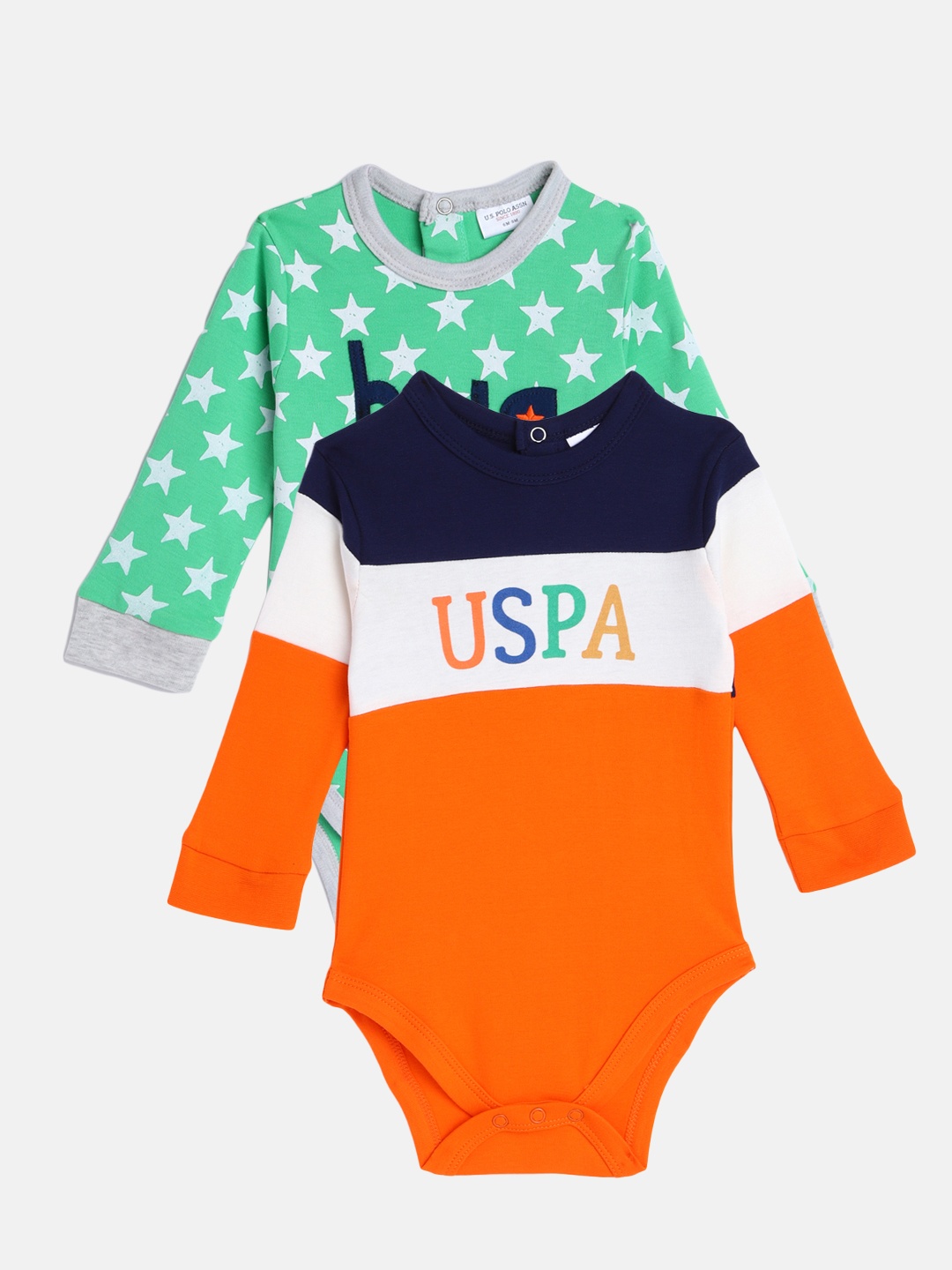 

U.S. Polo Assn. Kids Infant Boys Pack of 2 Orange & Green Pure Cotton Bodysuits