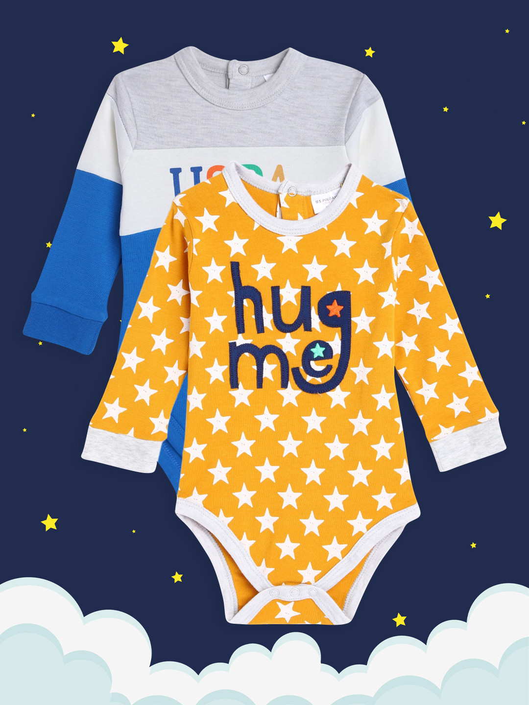

U.S. Polo Assn. Kids Infant Boys Pack of 2 Yellow & Blue Pure Cotton Bodysuits