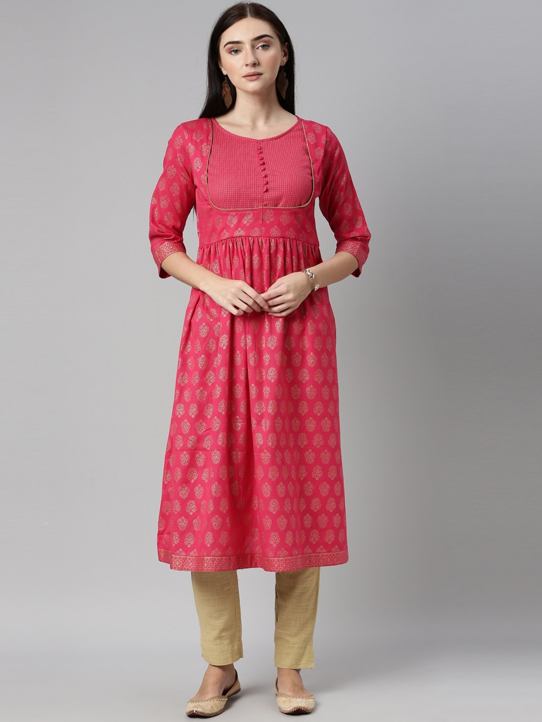 

Alena Women Fuchsia Pink & Gold-Toned Ethnic Motifs Printed Kurta