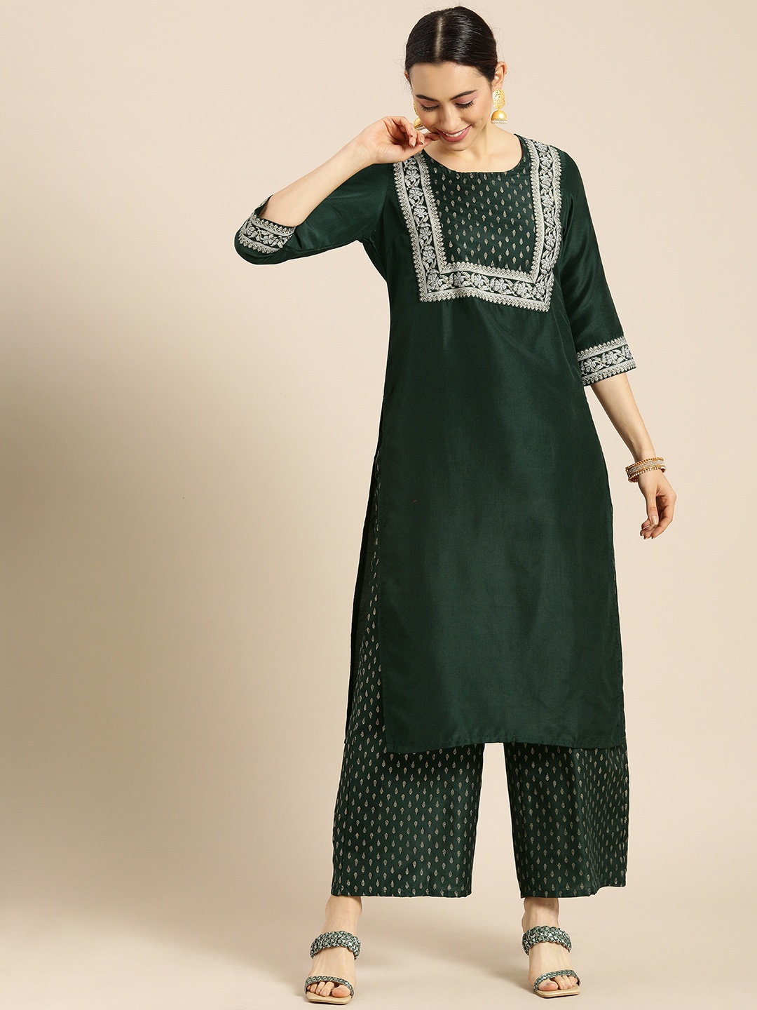 

Anouk Women Dark Green Printed Regular Kurta with Palazzos