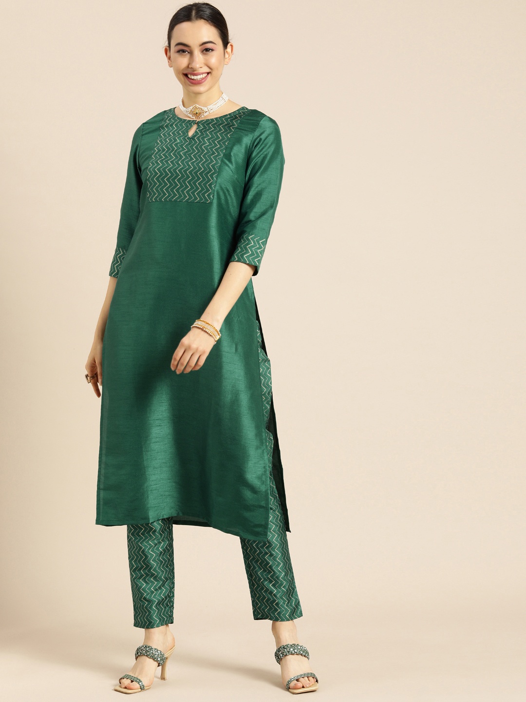 

Anouk Women Green Printed Kurta with Trousers