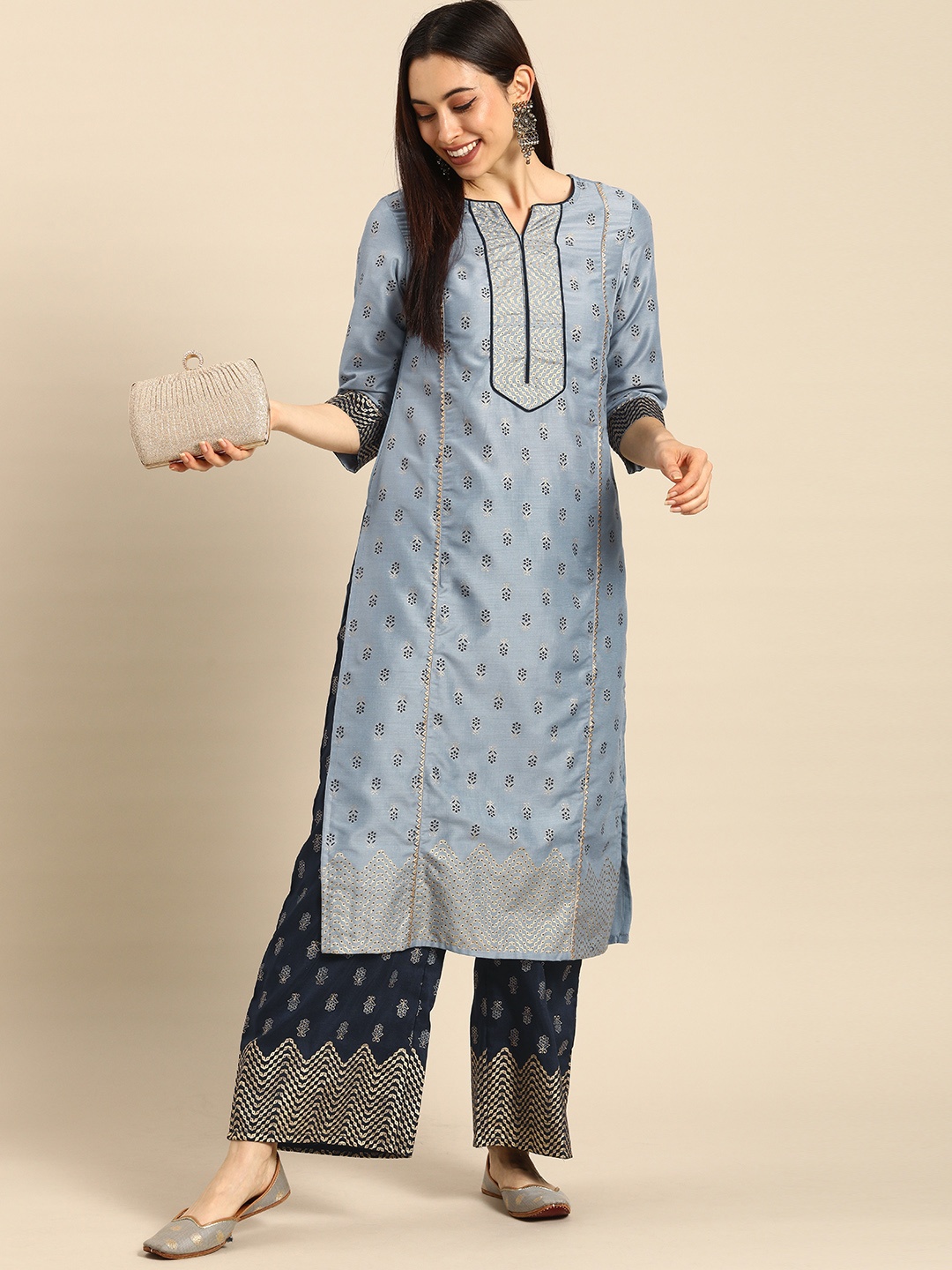 

Anouk Women Grey Floral Foil Printed Panelled Kurta with Palazzos
