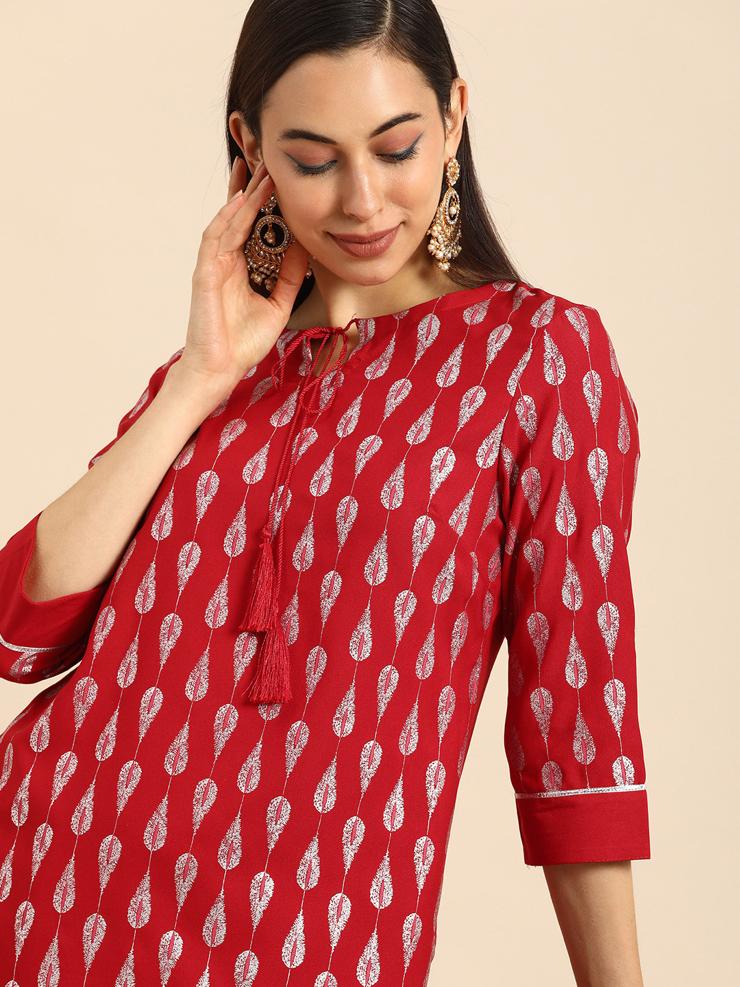 

Anouk Women Red & Silver-Toned Ethnic Motifs Foil Printed Kurta