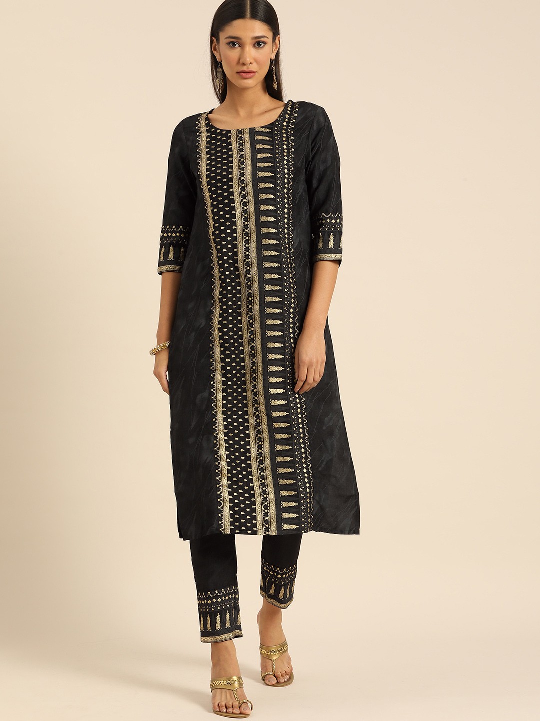

Anouk Women Black Ethnic Motifs Printed Regular Kurta with Trousers