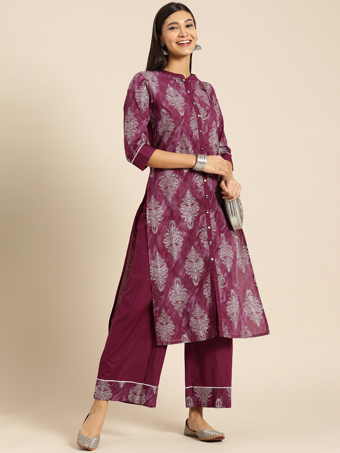 

Anouk Women Magenta Floral Foil Printed Regular Pure Cotton Kurta with Palazzos