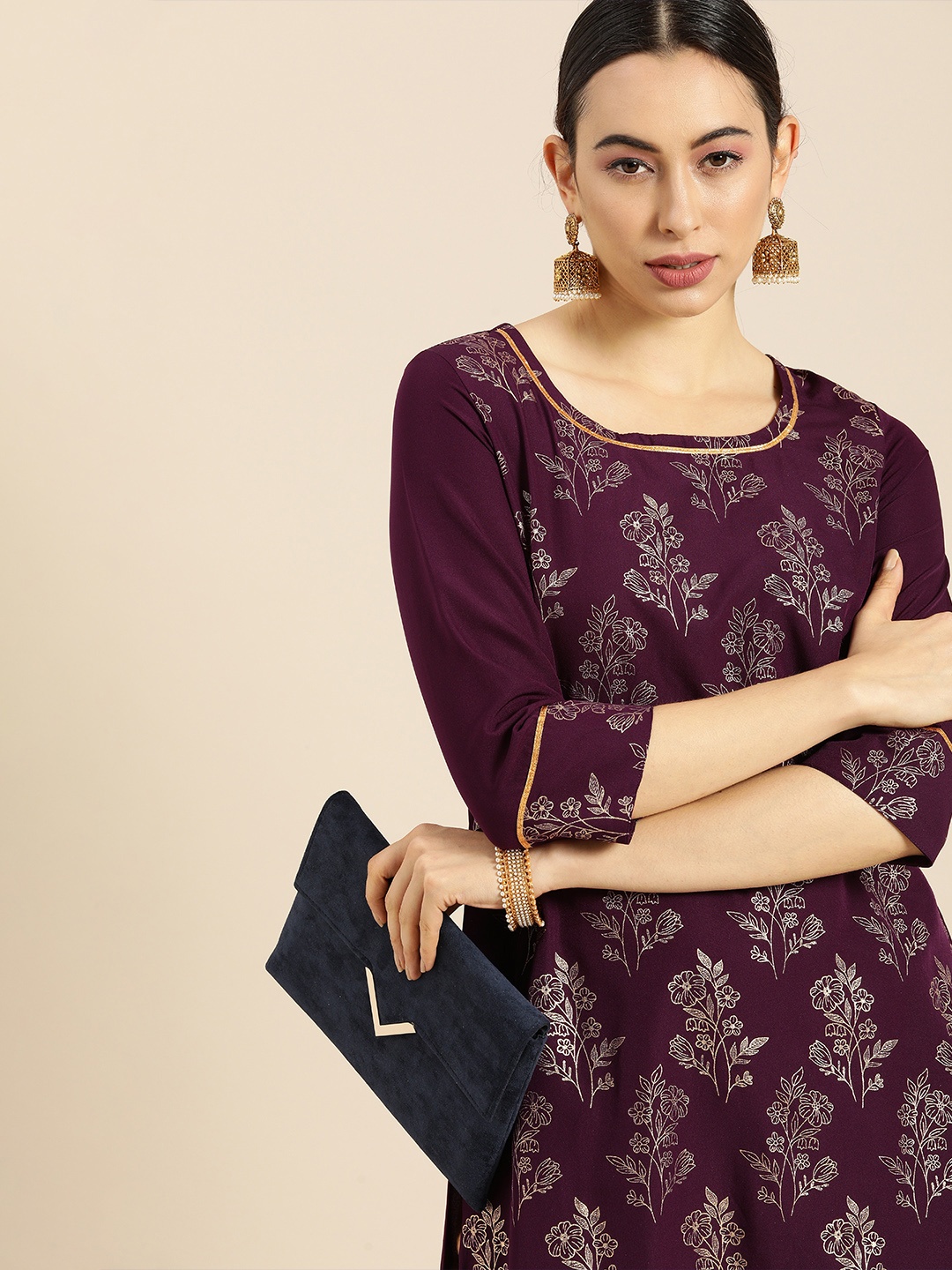 

Anouk Women Purple & Golden Ethnic Motifs Printed Kurta
