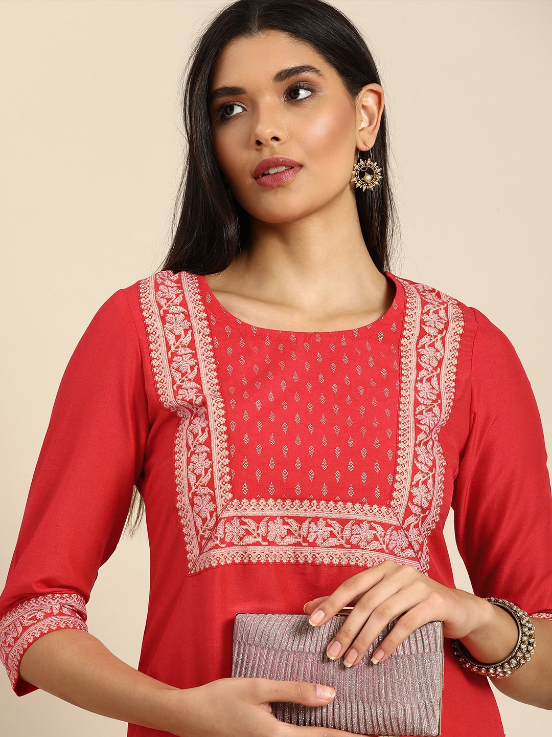 

Anouk Women Orange & White Ethnic Motifs Yoke Design Regular Kurta with Palazzos